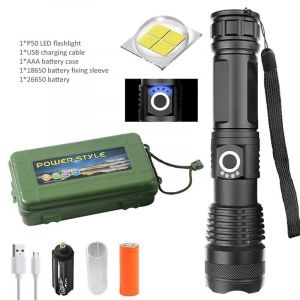 Lampe de poche avec Affichage de la Puissance, Longue Portée, Zoom Télescopique P70, Rechargeable par USB Lumière de Nuit (Style 2) - Neuf