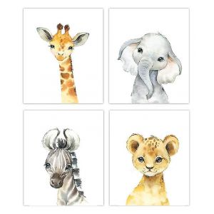 Lot De 4 Posters D&eacute;coration Pour Chambre D'enfant - Posters B&eacute;b&eacute; Gar&ccedil;on Ou Fille - Animaux Safari Jungle - D&eacute;coration Murale A4 - Tableau Girafe &Eacute;l&eacute;phant Z&egrave;bre - Neuf