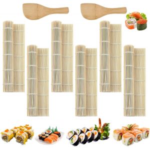 Kalanka-6 Pi&egrave;ces Natte Sushi, Tapis Sushi En Bambou Naturel 24x24cm, Kit Sushi R&eacute;utilisable Avec Cuill&egrave;re &Agrave; Riz, Rouleau &Agrave; Sushi Pour D&eacute;butants Et Professionnels, Tapis De Cuisine Pour Maki - Neuf
