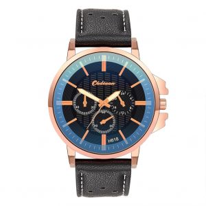 Montre-Bracelet Unisexe Tendance A Trois Yeux En Cuir Pu, Bracelet Or Rose Et Noir - Neuf