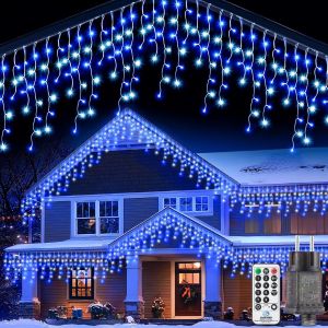 KALANKA-Guirlande Rideau Lumineuse Exterieure 15m - 420 LED &Eacute;tanche Guirlandes Noel Exterieur avec T&eacute;l&eacute;commande 8 Modes Minuterie Rideaux Lumineux Ext&eacute;rieures pour Balcon Jardin Maison Bleu Blanc - Neuf