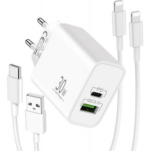 Eryi-Chargeur Iphone 30w Et 2x Câble 2m, Prise Adaptateur Secteur 2 Ports Avec Câbles Usb-C/A Vers Lightning, Embout Chargeur Rapide Compatible Avec Iphone 14/13/12/11/Pro Max/Mini/Se/Xs/Xr/X/8 - Neuf