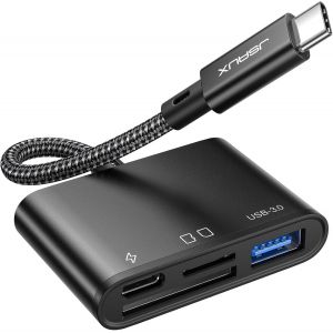USB C SD Card Reader with USB 3.0 Port & Charge, 4 in 1 5Gbps Micro SD Card Adapter Compatible with iPhone 16/15 Pro Max, iPad, MacBook Pro/Air, Galaxy S24 Ultra - Black - Neuf