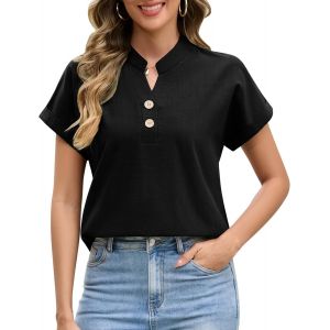 Utigh-Chemisier Femmes Eté Coton Col En V Blouse Avec Manches Courtes Chemise Décontracté T-Shirts Tunique Casual Haut Tops Chic Et Élégant Printemps - Neuf