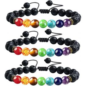 Bracelet 7 Chakras Pierres V&eacute;ritables,3 Pi&egrave;ces Bracelet Chakra,Bracelet Pierre Naturelle,Pour Hommes Femmes Couples Cristal Yoga Perles Bracelet R&eacute;glable - Neuf
