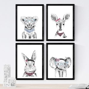 Eryi-Lot De 4 Feuilles D'animaux Pour Enfants. Lunettes Et Fleurs. Tigre, Faon, Lapin Et Éléphant Au Format A4. Sans Cadre. - Neuf