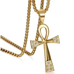 Kal-Bijoux Pendentif Collier Croix Egyptienne Faux Diamant Saint Valentin Cha&icirc;ne 56cm Acier Inoxydable Fantaisie Pour Homme Et Femme Avec Sac Cadeau - Neuf
