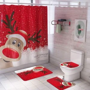 4 Pack De No&euml;l &Agrave; La Salle De Bains Avec Des Tapis Antid&eacute;rapants, Toilette D'un Couvercle, Tapis De Bain Et Le Rideau De Douche Avec 12 Crochets Pour Une D&eacute;coration De No&euml;l - Neuf