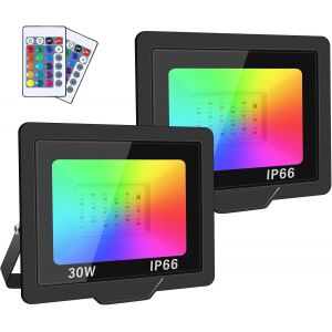 2 Pcs 30w Rgb Projecteur Led Ext&eacute;rieurs Avec T&eacute;l&eacute;commande, Rvb Projecteur Led Exterieur Interieur Couleur, 16 Couleurs 4 Modes Neon Spot Led Pour Jadin Terrasse Patio, Ip66 &Eacute;tanche - Neuf