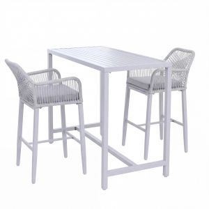 Ensemble table haute + 2 tabourets de bar pour ext&eacute;rieur design moderne en m&eacute;tal et corde tress&eacute;e et coussin gris clair 04_0008708 - Neuf