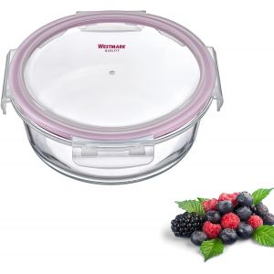 Kalanka-233222e1 Bo&icirc;te De Conservation Ronde En Verre, Contenance : 400 Ml, Passe Au Micro-Ondes Et Au Four, Verre/Silicone/Plastique, Transparent/Rouge - Neuf