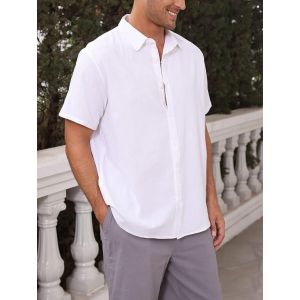 Chemise Lin Homme Manches Courtes Eté Coton Chemise Casual Boutons Uni Plage Hawaïenne - Neuf