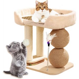 Letnerny-Jouet Interactif 5 En 1 Pour Chat - En Bois - Avec Plateau Tournant - Tapis Rafraîchissant - Boules Suspendues - Plumes - Arbre À Chat En Sisal - Peu Encombrant - Neuf