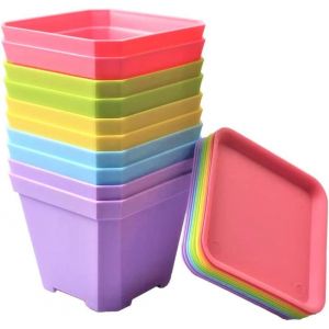 10 Pi&egrave;ces De Pots Carr&eacute;s En Plastique De 7 Cm, Ensemble De Jarres Pour Plantes Succulentes Avec Palette, 26,3 X 20,7 X 7,7 Cm, 5 Couleurs, Drainage Optimal - Neuf