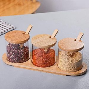 Lot De 3 Pots &Agrave; &Eacute;pices De 300 Ml Avec Cuill&egrave;re,Couvercle En Bambou Et Base,Petits Pots &Agrave; &Eacute;pices En Verre Borosilicate Pour Le Stockage Des &Eacute;pices,Du Th&eacute;,Du Caf&eacute;,Du Sucre - Neuf