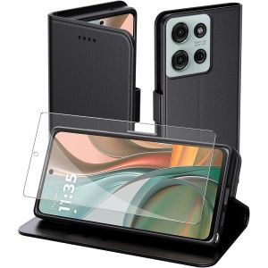 Kal-Coque Pour Moto G75, Flip Case+1 Verre Trempé Etui Protection Housse Premium En Cuir Pu, [Pochette De Portefeuille] [Fermeture Magnétique] [Etui À Rabat]- Noir - Neuf