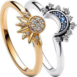 2 Bagues Superposées Soleil Et Lune Célestes, Soleil Et Lune Brillant Ensemble, Design Sensationnel En Couches, Ensemble Bague Ouverte - Neuf