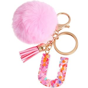 TIANYI-Porte-cl&eacute;s rose avec lettre porte-cl&eacute;s fille initiale cadeau femmes porte-cl&eacute;s boule de poils d&eacute;corer pour sac Sac &agrave; dos porte-clef gland or porte-clef femme - Neuf