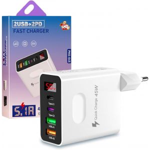 Chargeur Usb C, Chargeur Usb, Charge Rapide &Agrave; 4 Ports De 45 W, Avec Un Affichage Num&eacute;rique, Convient Pour Phone 16/15/14/13/12/11/Pro/Pro Max/X/Xs, Samsung Galaxy, Xiaomi, Huawei - Neuf