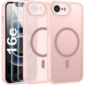 Store-Magnétique Coque Pour Iphone 16e Avec 2 Verre Trempé,Compatible Avec Magsafe,Protection D'objectif Tout Compris,Etui Mat Arrière Housse Fine Antichoc Case Iphone 16e 6.1"",Rose - Neuf