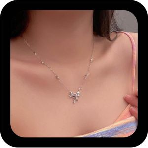 Kal-Collier De Cristal Coeur Avec Pendentif Noeud Papillon En Argent Vintage Collier Cristal Avec Noeud Papillon Rose En Strass Collier Ras Du Cou Boho Bijoux De Charme Pour Femmes - Neuf