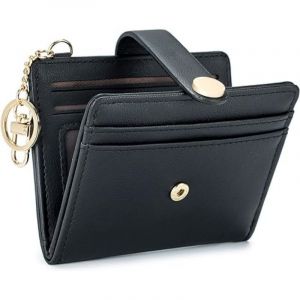 Femmes Slim Portefeuille (Noir), Bifold PU Cuir Titulaire de la Carte avec le porte-Clés RFID Blocage Bifold Titulaire de Carte de Crédit, fermeture à Glissière Poche de Pièce de monnaie, l'ID de Fenêtre et porte-Clés - Neuf