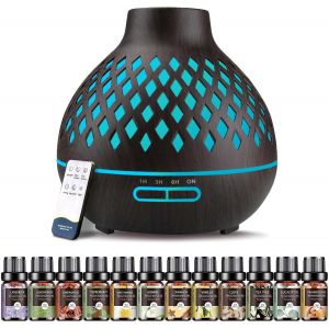 Diffuseur D'huiles Essentielles 550ml, Diffuseur De Parfum Avec 12x5ml Huiles Essentielles, Humidificateur Ultrasonique Avec 7 Couleurs Lumi&egrave;res Led, Arr&ecirc;t Automatique, Pour Maison, Yoga, Spa - Neuf