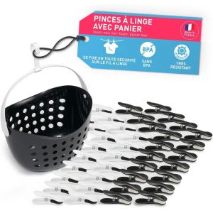 MDY-Pince a Linge Soft Clips ¿ Panier Epingle a Linge ¿ Fabriqué en France ¿ Blanc-Noir avec Panier Noir ¿ Lot de 40 Pinces + 1 Panier - Neuf