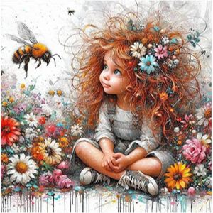 Ayuhr-30x30cm 5d Broderie Diamant En Petite Fille Aux Cheveux Roux, Diamond Painting Abeille, Kit Strass Ronde Point De Croix Diamant Fleurs Pour Décor Salon Chambre Pour Enfant - Neuf