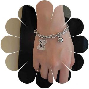 Kalsw-Punk Ours Cloche Bracelet Argent Cha&icirc;ne &Eacute;paisse Main Cha&icirc;ne Main Cloche Pendentif Main Harnais Mignon Acrylique Ours Pendentif Poignet Cha&icirc;ne D&eacute;claration Esclave Bracelet Bijoux Pour Femmes - Neuf