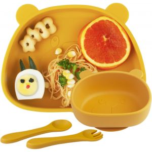 Kal-Assiette B&eacute;b&eacute; Set Avec Ventouse Cuill&egrave;res &Agrave; Fourchette Pour B&eacute;b&eacute;,Antiderapant Bol &Agrave; Ventouse, Lot De 4 Silicone Vaisselle Enfant,Set De Repas 100% Sans Bpa ,Passe Lave Vaisselle Et Micro Onde,Jau - Neuf
