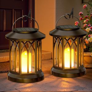 Lanterne Solaire Exterieur Jardin, 2 Pièces Lampe Solaire Exterieur Effet Flamme Suspendue A Poser, Ip65 Étanche Suspension Lumiere Led Exterieur Avec Clips Pour Jardin Balcon - Neuf