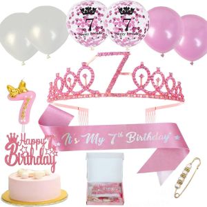 Kalanka-Neodtx Décoration D'anniversaire Pour Fille 7 Ans - Rose - 11 Pièces - Cadeau Couronne, Écharpe, Décoration De Gâteau, Ballons, Bougie 7ème - Neuf