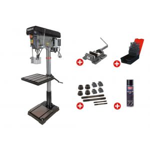 Perceuse &agrave; colonne professionnelle jusque &oslash; 30 mm CM3 1,5 kW 230V + &eacute;tau de per&ccedil;age jeu de boulons jeu m&ecirc;ches a&eacute;rosol Torros DF30M PACK - Neuf