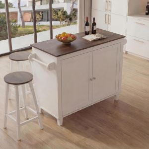 &Icirc;lot de cuisine HWC-P61 avec 2 tabourets, armoire de cuisine, tiroir, compartiments de rangement, MDF 90 x 120 x 45 cmblanc, bois fonc&eacute; - Neuf