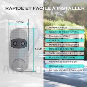 T&eacute;l&eacute;commande Motorisation Portail Porte de Garage 433,92 MHz Compatible avecTOP432NA TOP432EV - Neuf