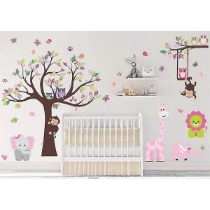 Kids Pink Jungle Theme Peel & Stick Girl Nursery Wall Decal, Colorful Owl Giraffe Lion Tree Autocollant D&eacute;coratif Pour Chambre De B&eacute;b&eacute;, Salle De Jeux Murale - Neuf
