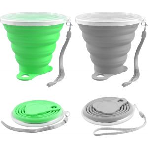 Lot De 2 Gobelets De Voyage Pliables En Silicone, Sans Bpa, Avec Couvercle En Plastique, Pour Pique-Nique, Camping, Randonnée, Extérieur - Vert/Gris - Neuf