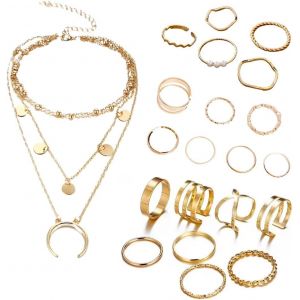 Kal-- 22 Pcs Ensemble D'anneaux Et De Colliers Multi-Couches De Style Bohème En Or Vintage Pour Les Femmes, Les Filles, Les Accessoires De Mode Et Les Cadeaux De Vacances - Neuf