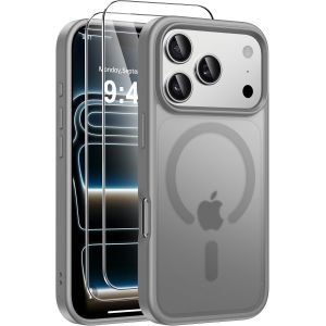 5 In 1 Magn&eacute;tique Coque Pour Iphone 17 Pro Avec 2 Verres Tremp&eacute;s, Compatible Magsafe Dos Anti Rayures &Eacute;tui Antichoc Tpu Bumper Housse Pour Iphone 17 Pro 6,3"" - Gris - Neuf