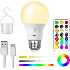 Usb C Batterie Ampoule Rechargeable Avec Télécommande,E27 Ampoule Intelligente Rgb,9+3 Températures De Couleur,Led Dimmable Touch Control Ampoules Avec Fonction De Timing,2600mah,8w,A19,1 Pack - Neuf