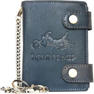 Portefeuille Gris En Cuir V&eacute;ritable Avec Cha&icirc;ne En M&eacute;tal Avec Moto - Neuf