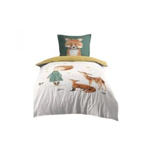 Housse De Couette + 1 Taie 140 X 200 Cm Renard Et Animaux - Neuf