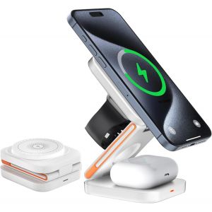 3 In 1 Induction Charger For Iphone,Fast Charger 15 Kw Adjustable Foldable Stand,With Magsafe Charger For Apple Devices Iphone 15/14/13/12/11/8,Apple Watch,Airpods (White) - Neuf