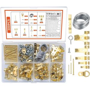 MEVRONISSHOP-300 Pi&egrave;ces Crochets en M&eacute;tal pour Cadre Photo, Kit de Accroche Suspension de Tableaux, avec Vis, Clous, Anneau en D, ?il &agrave; Vis, C&acirc;ble Acier - Neuf