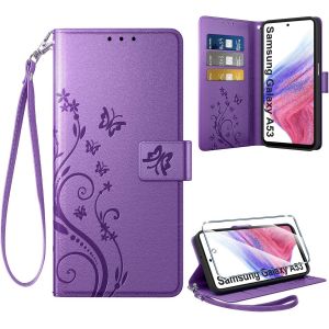 Kal-Coque Pour Samsung Galaxy A53 5g + 1 Verre Tremp&eacute;, Retro Design Housse Premium En Cuir Pu Pochette De Portefeuille Pour Porte Cartes Fonction Stand Flip Etui Pour Samsung A53, Violet - Neuf