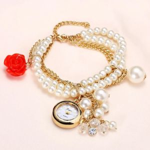Faux Pearl Alliage Mat&eacute;riau Pendentif Cadran Quartz Mouvement Bracelet Montre Montre-Bracelet (Rouge) - Neuf