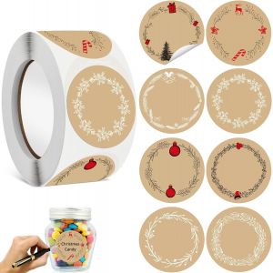 Autocollants D'&eacute;tiquettes en Papier Kraft, 500 pcs 1 rouleaux No&euml;l Autocollants, &Eacute;tiquettes &agrave; confiture, Rond Autocollants de No&euml;l Papier Pour La Maison, No&euml;l Emballages Cadeaux (B) - Neuf