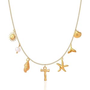 Kal-Colliers À Breloques Initiales Pour Femmes Et Filles, Colliers Plaqués Or 14 Carats Avec Lettres De A À Z, Coquillages, Bohème, Été, Coquillages, Alphabet - Neuf