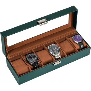 Kal-Boite À Montre Antichoc, Coffret Montre Homme Avec 6 Emplacements Coussins Montre, Rangement Montre Avec Couvercle En Verre, Pour Passionné D`Horlogerie -Vert - Neuf